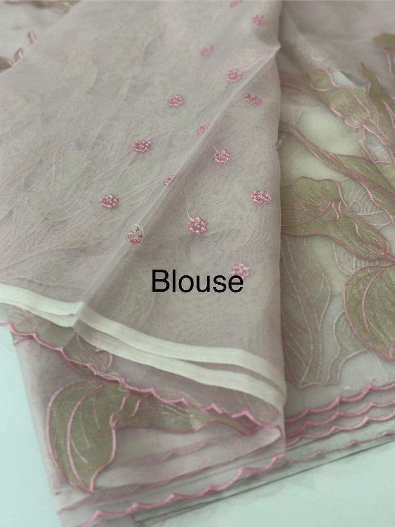 Organza saree with tissue applique work MS5081 Pastel Pink