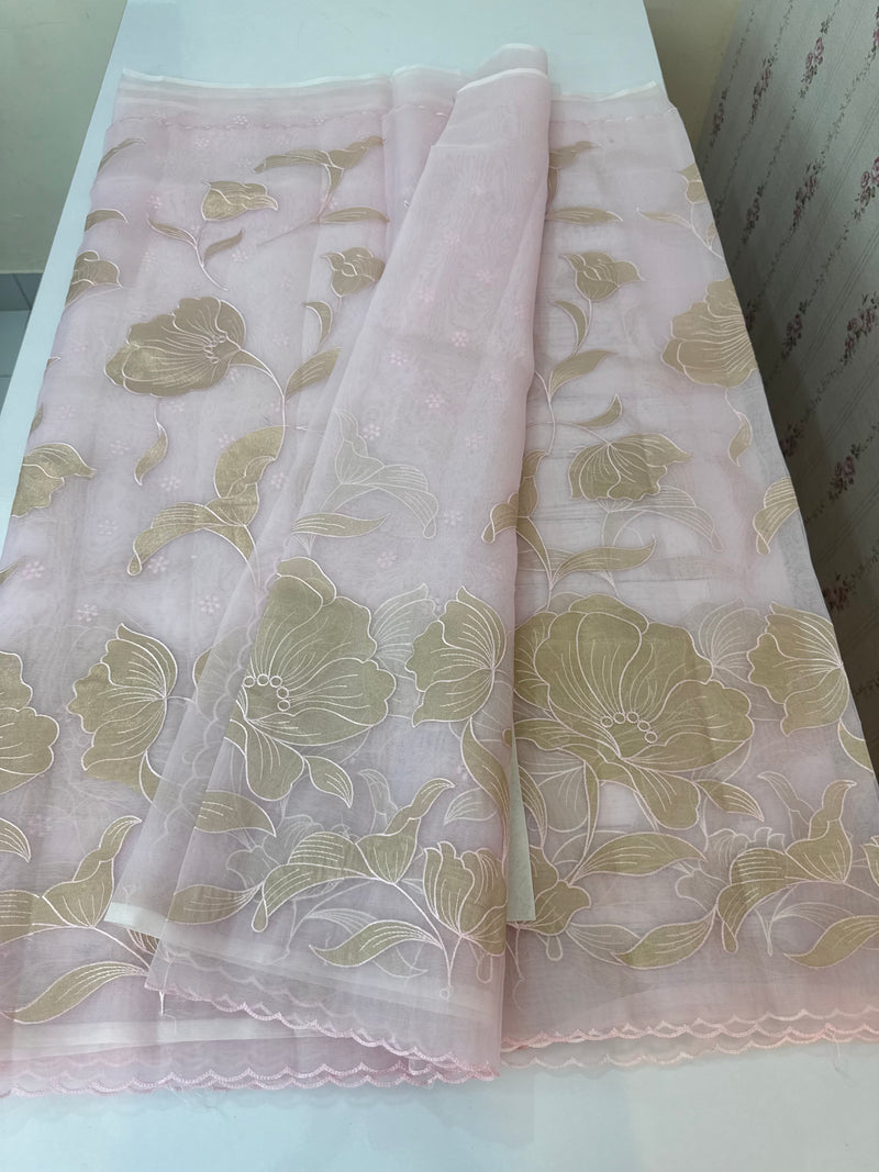 Organza saree with tissue applique work MS5081- Pastel Pink