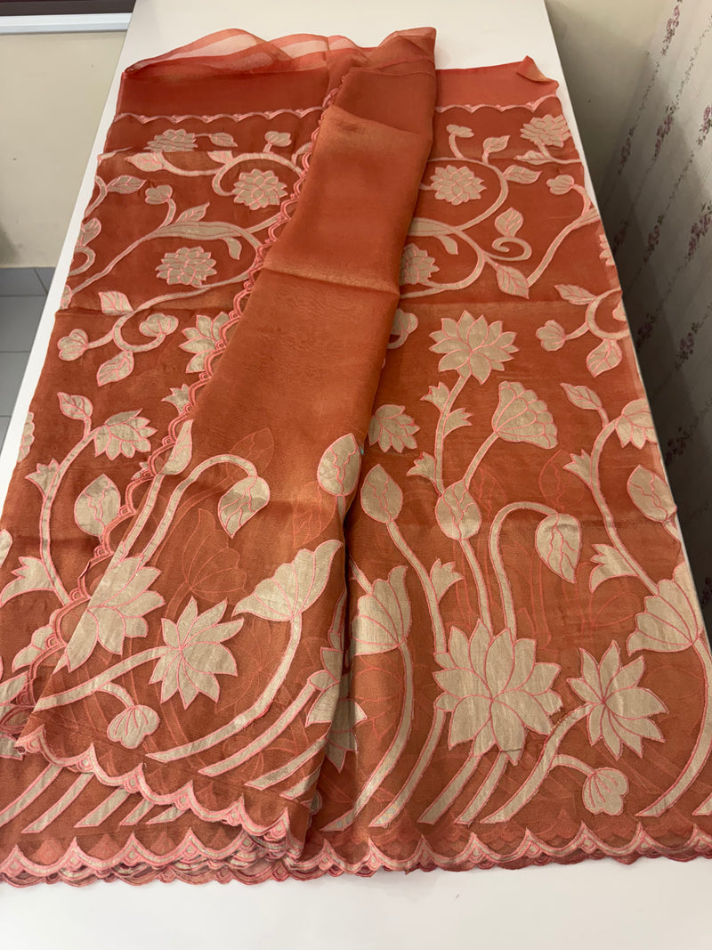 Dual tone Crush silk Organza Applique work saree MS14567- DuskyRustPeach
