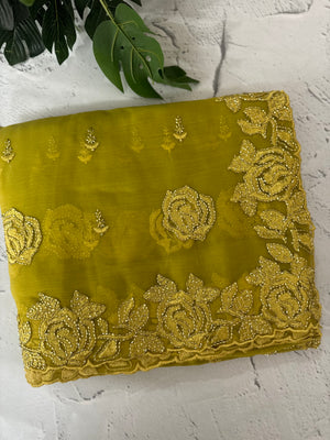 Soft Crush Organza-Chiffon saree with embroidery and cutdana work - MOS5785
