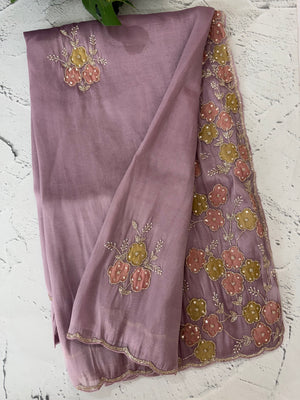 Handworked Premium Glass tissue flowy organza saree applique work MCH221 - PastelMauve