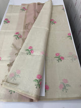 Tissue linen saree with embroidery MSL4900 - Pink flowers