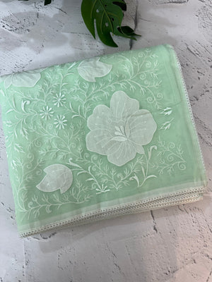 Semi organza saree with applqiue work - MSH256 AquaGreen