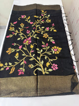 Jute Linen saree with embroidery MSH7511 - Black