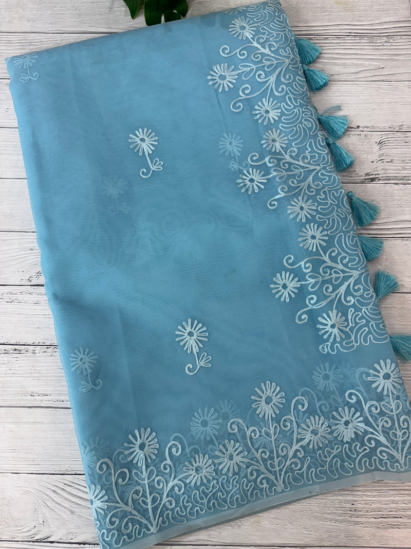 Semi organza saree with lace embroidery - MSH117 LightBlue