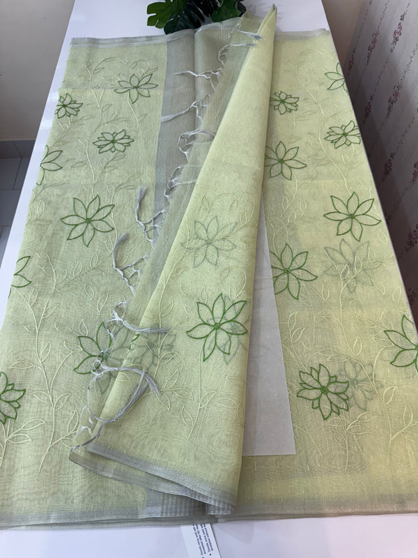 Tissue Linen Saree with embroidery MRS786- PastelGreen