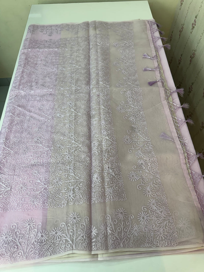 Semi organza saree with lace embroidery - MSH117 Lavender