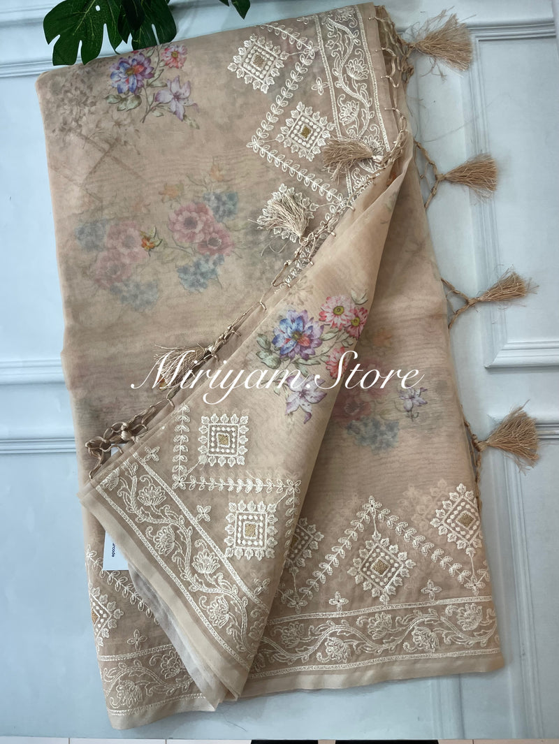 Floral printed Designer Organza Saree - MOS7121 Beige