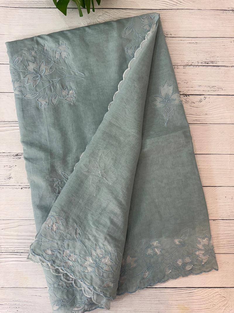 Mul chanderi saree with applique borders MSH112 GreyishBlue