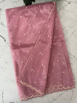 Glassy tissue organza saree with embroidery FKF121- PastelPink