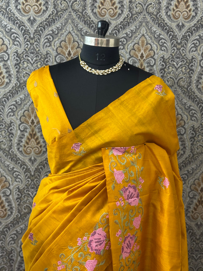 Blended tussar silk saree with cross stitch embroidery- MS78911