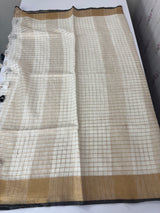 Linen cotton saree with antique zari checks MLS9766- Offwhite and Black
