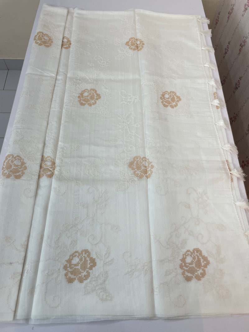 Blended Matka Tussar silk saree with cross stitch embroidery MS4899 White