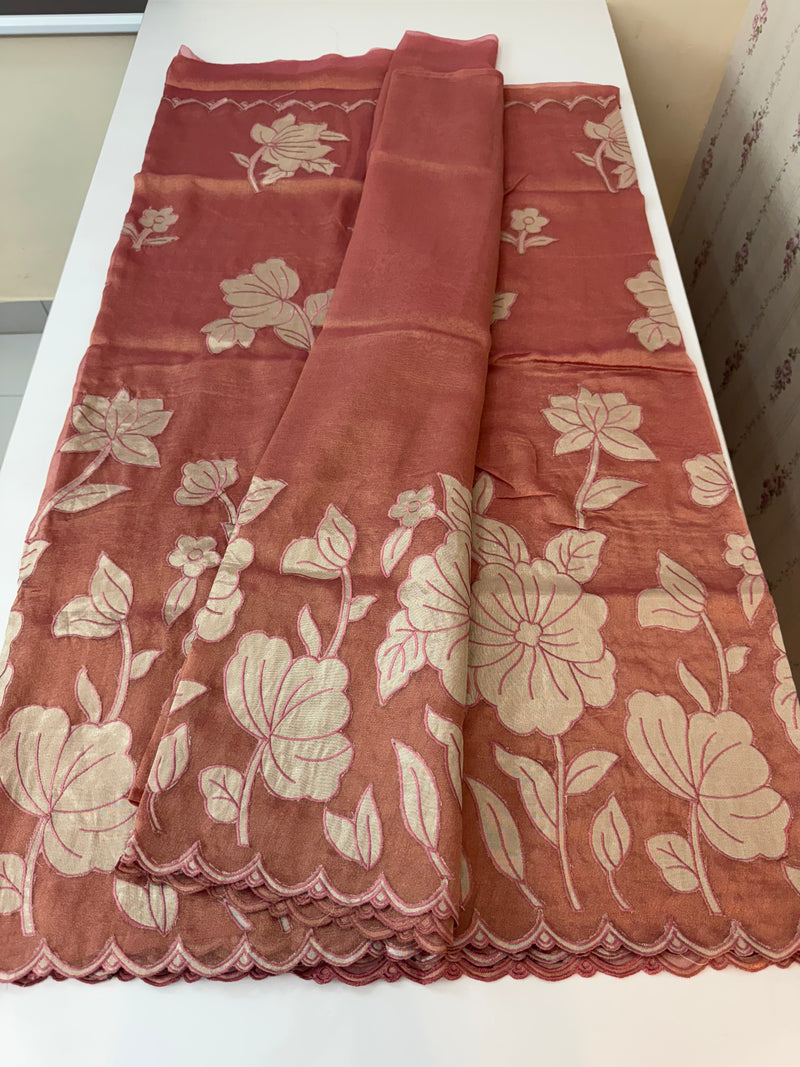 Dual tone Crush silk Organza Applique work saree MS14567- DuskyPeachPink