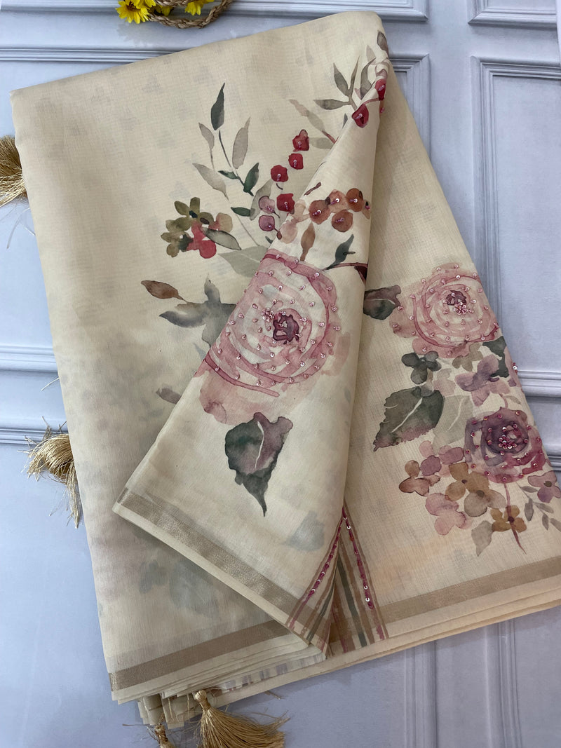 Linen- chanderi saree with french knots, sequence and bead work - MS19965