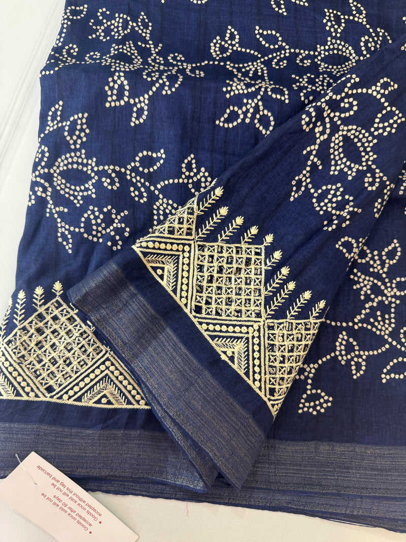 Blended Bandhani tussar silk saree with cutwork MTBF313 DarkBlue