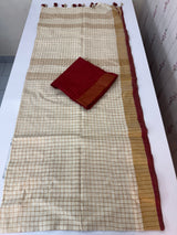 Linen checks saree with zari border MLS9766- Cream & Red