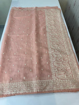 Semi linen saree with chikanakari embroidery- MS15086 PastelPeach