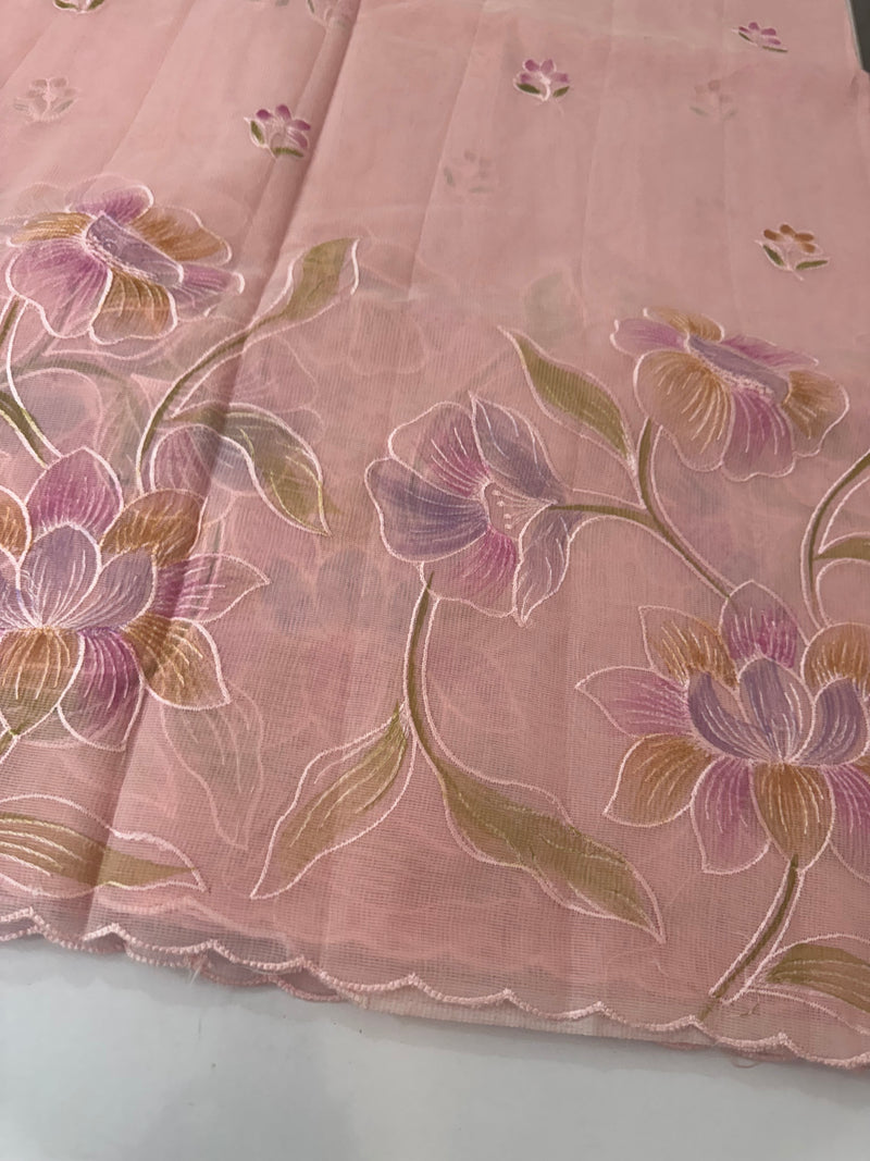 Supernet saree with embroidery and handpainting MSH104- Pastel PeachPink