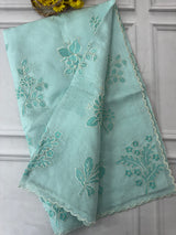 Soft kota silk saree with applique embroidery and scalloped border MS15231 - PastelBlue
