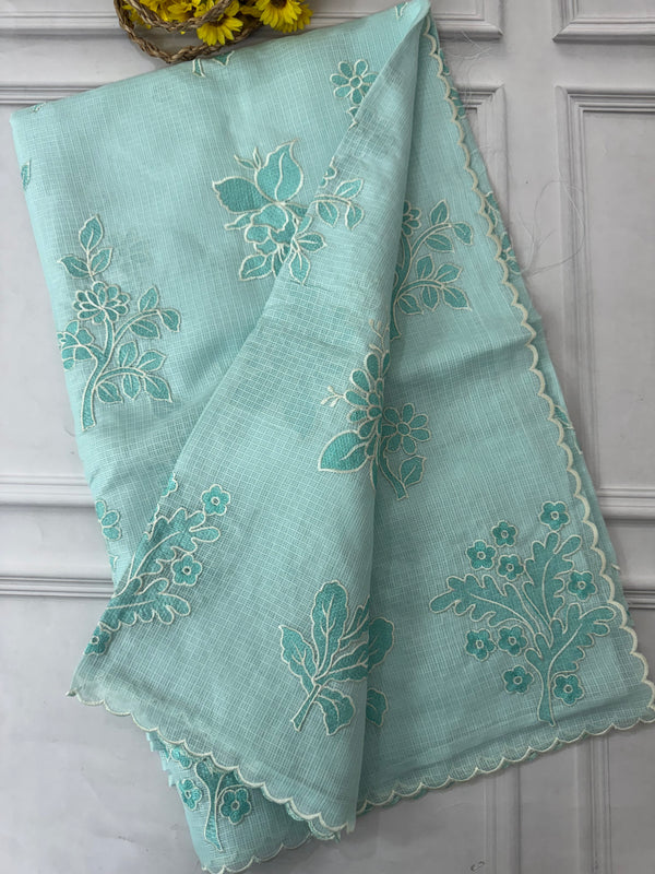Soft kota silk saree with applique embroidery and scalloped border MS15232