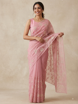 Glassy tissue organza saree with embroidery FKSF788 PastelPink