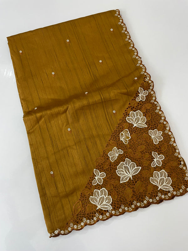 Cutwork Semi tussar saree MTSS674 SpicyMustard