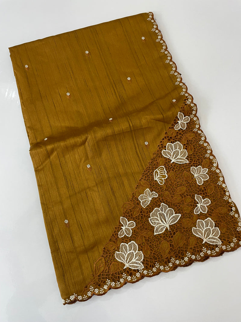 Cutwork Semi tussar saree MTSS674 SpicyMustard