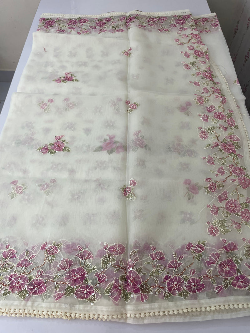 Organza saree with prints & hand embriodery work MS15333
