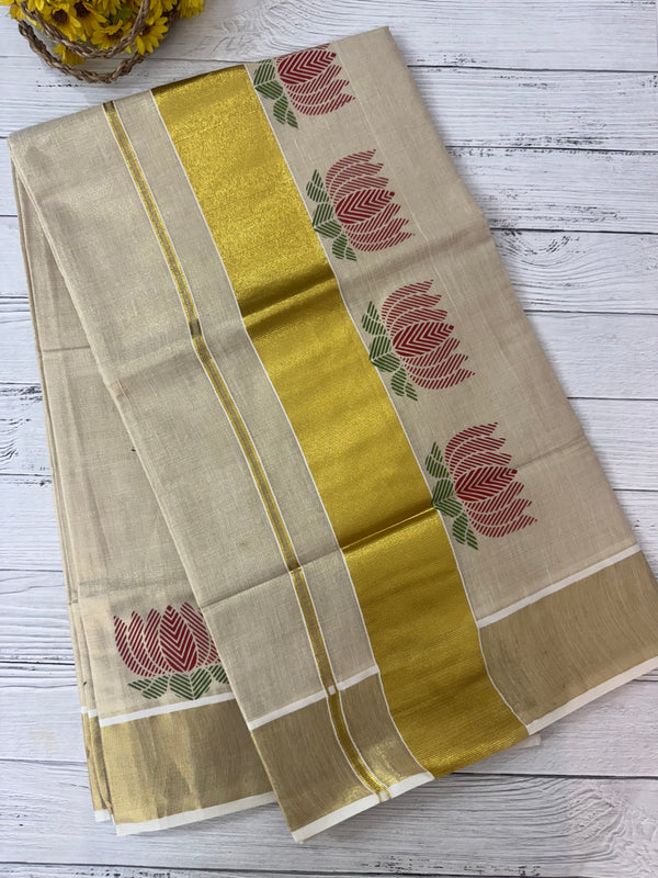 Kerala tissue saree - Lotus flowers