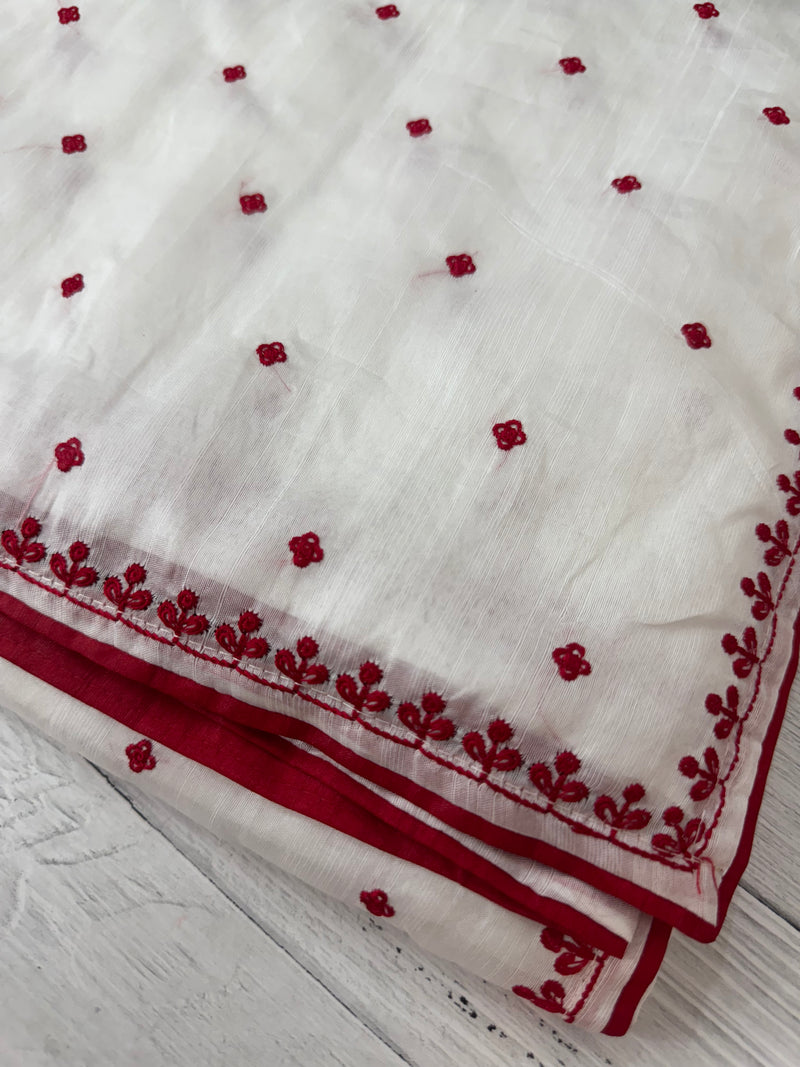 Blended tussar saree with embriodery - MS14401 White and Red