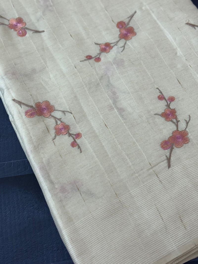 Blended tussar saree with embriodery - MS8665 Cream