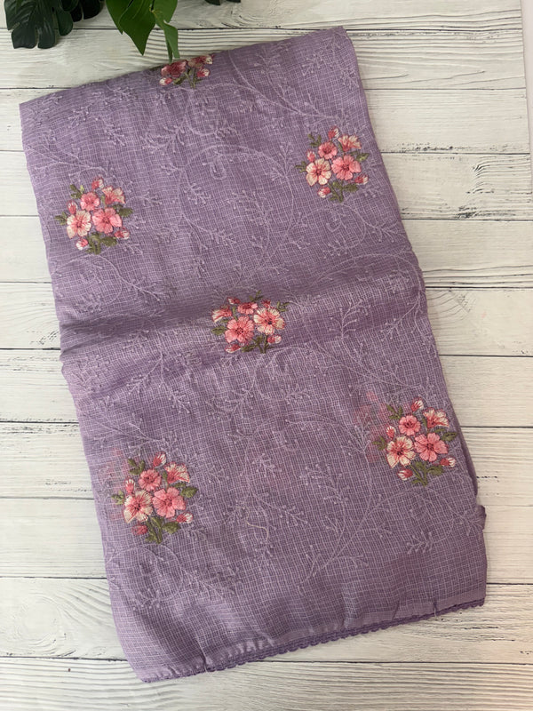 Soft kota checks saree with embroidery - SVPIRR Lavender