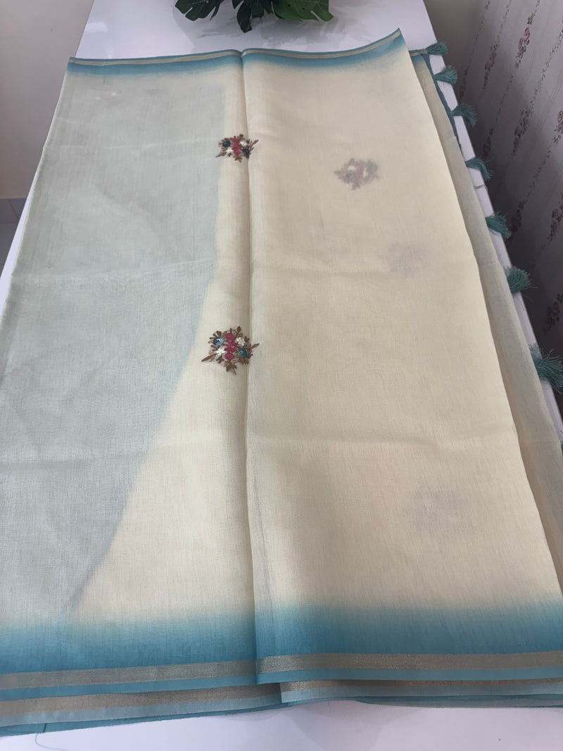 Kosa Tussar silk saree with hand embriodery - MS8199 Blue