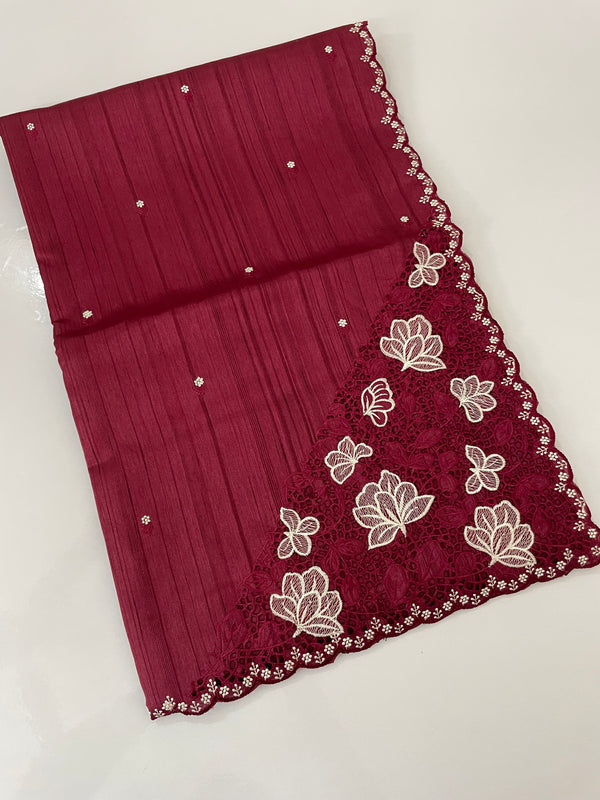 Cutwork Semi tussar saree MTSS674 Cranberry