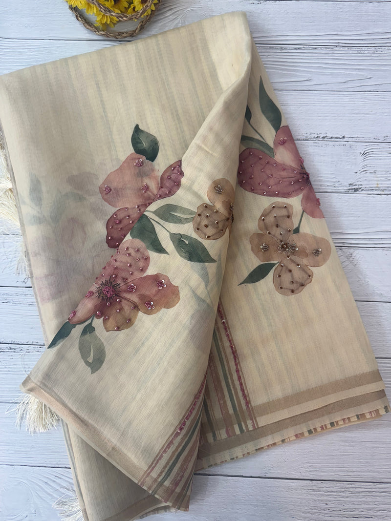 Blended tissue-tussar silk saree with french knots, sequence and bead work - MS19965