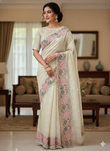Phulkari NetKota embroidery saree - MSH107 Offwhite to Pink