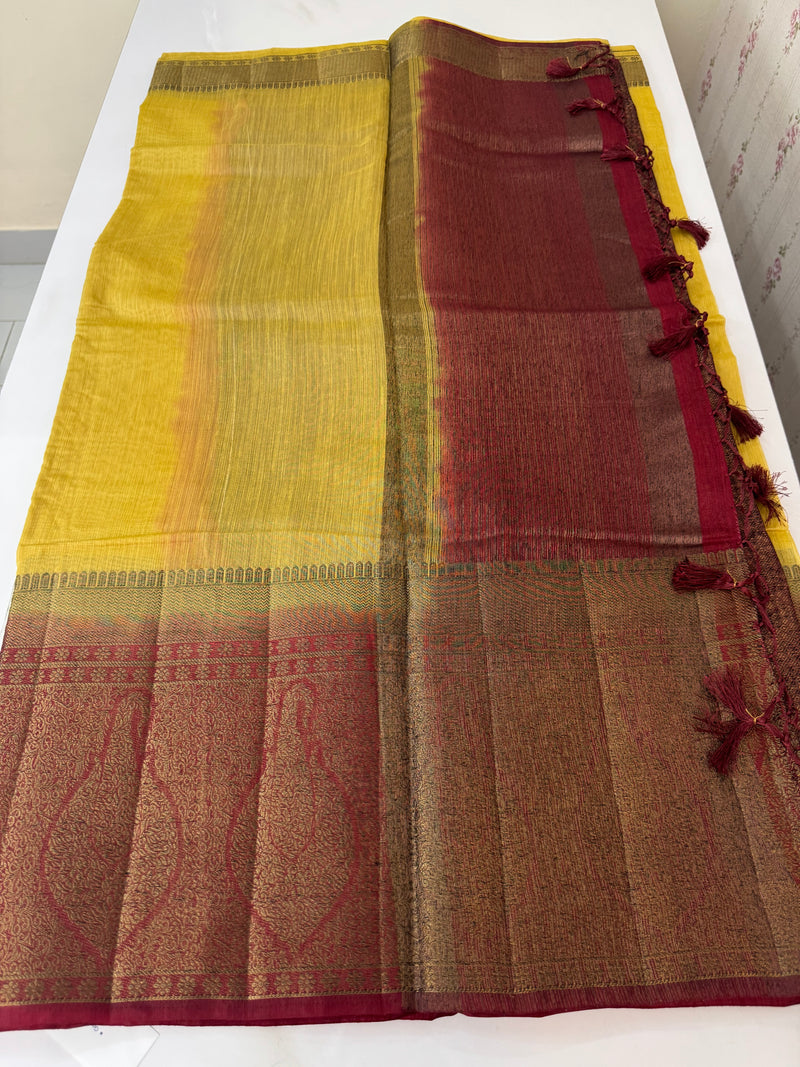 Jute silk sarees with contrast pallu & brocade blouse MJL877- DarkCream to Maroon