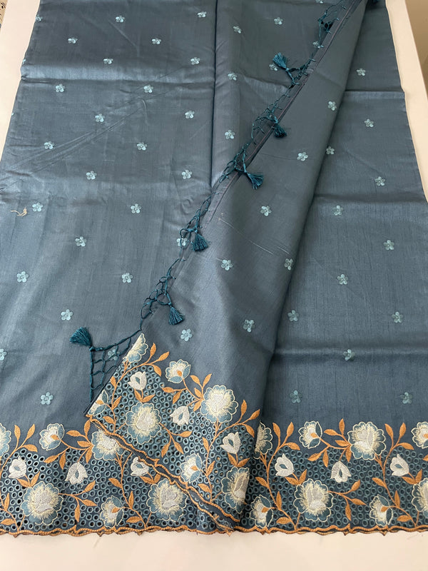 Cutwork semi tussar saree MCTT214 DARKGREYISH BLUE