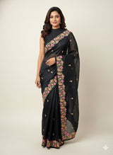 Soft kota checks saree with embroidery  - MS7843 Black