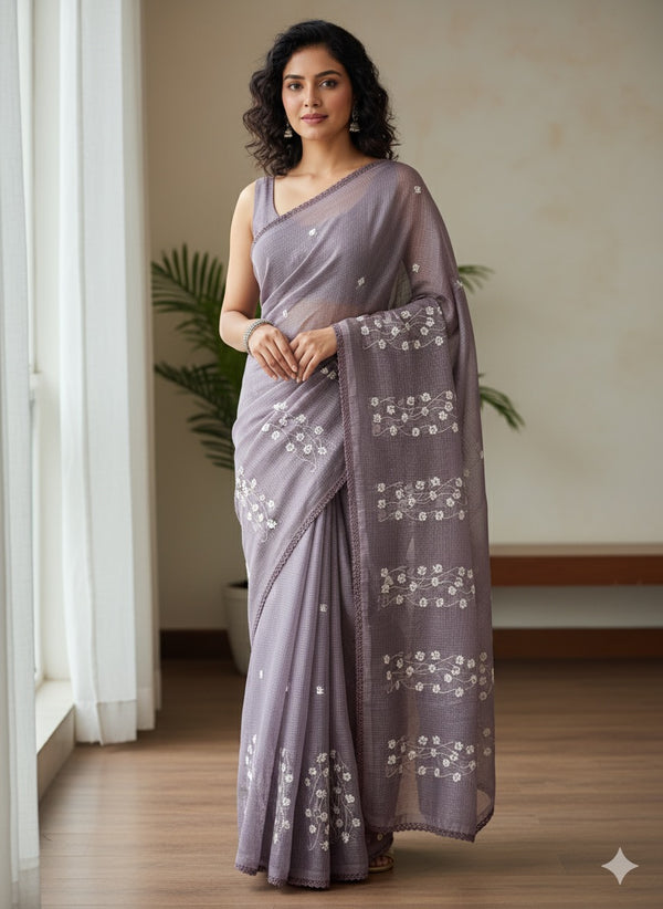 Kota checks saree with embroidery SVTS34 - DuskyLavender