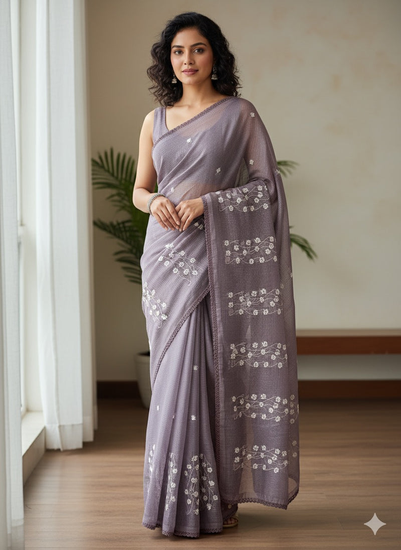 Kota checks saree with embroidery SVTS34 - DuskyLavender