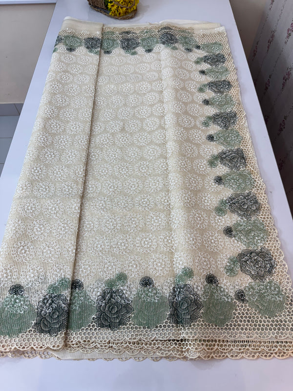 Cutwork Phulkari NetKota Embroidery saree - OffWhite