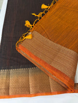 Jute silk sarees with contrast pallu & blouse MJL396 Black to Mustard