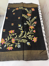 Jute Linen saree with embroidery MSH7511 - Black