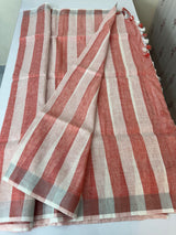 Linen cotton saree with stripes MLS67 - Peach and White