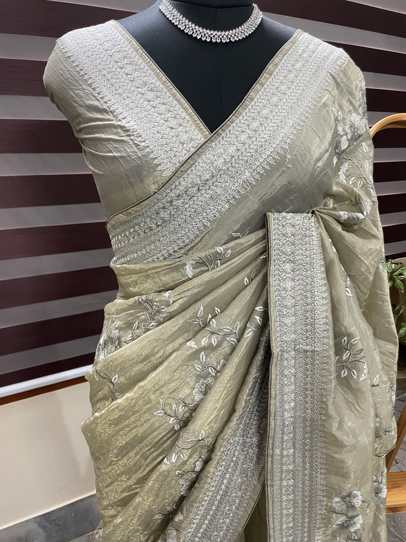 Metallic crush organza saree - MCOS625 Oyster Green