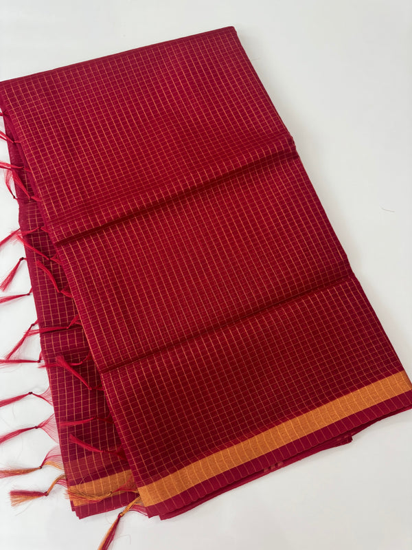 Mangalagiri Silk Cotton Saree with zari checks MS90321 Maroon