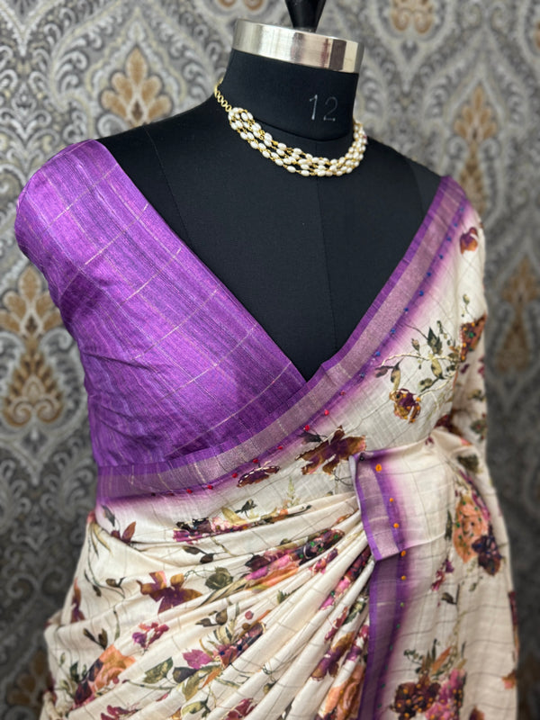 Blended tussar silk saree with french knots, sequence and kanta work - MS14855