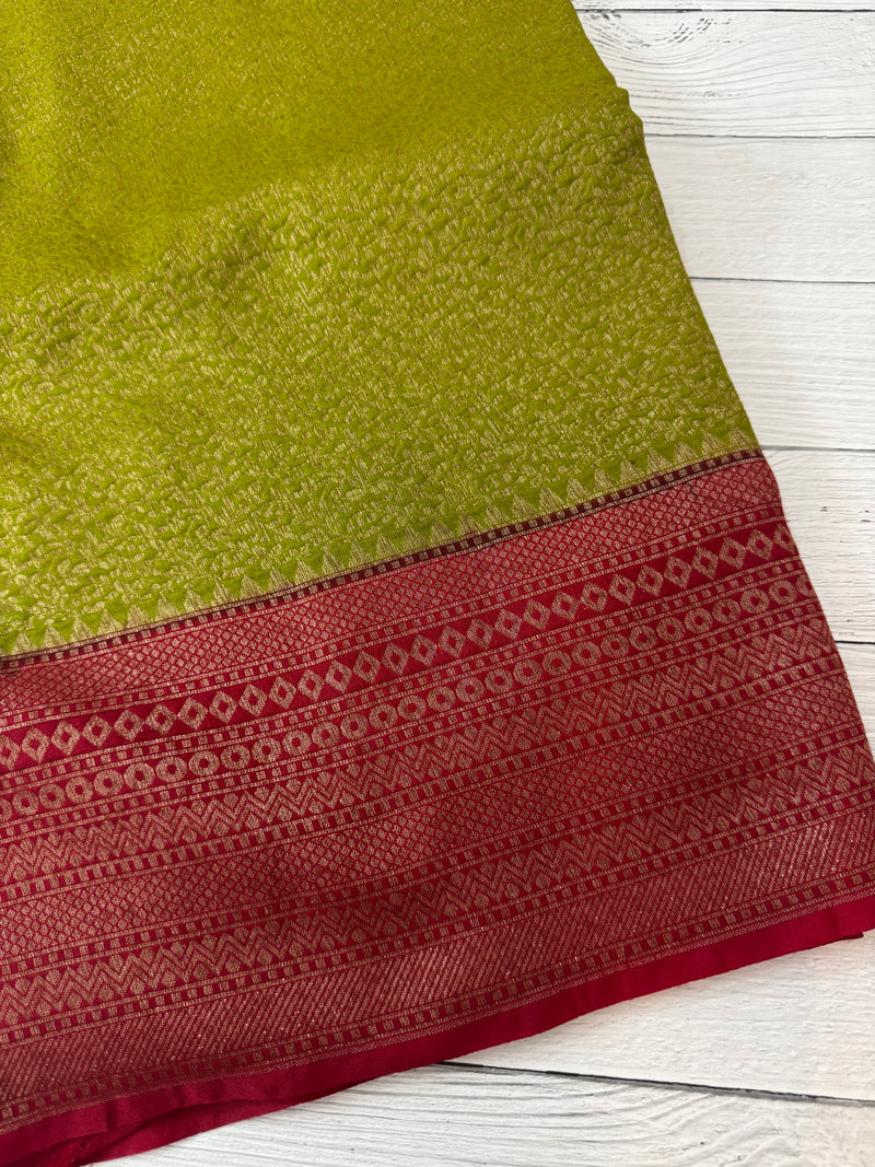 Banarasi semi katan saree with contrast border MS6665- ParrotGreen to MaroonRed